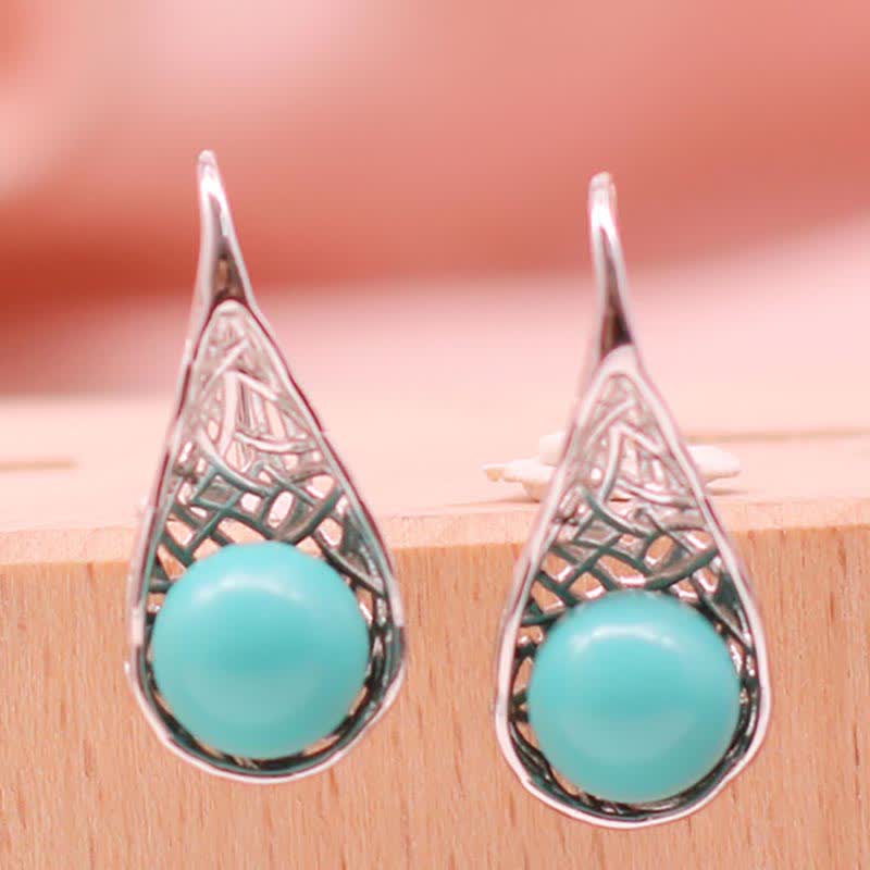 925 Sterling Silver Turquoise Patterned Beaded Drop Dangle Earrings