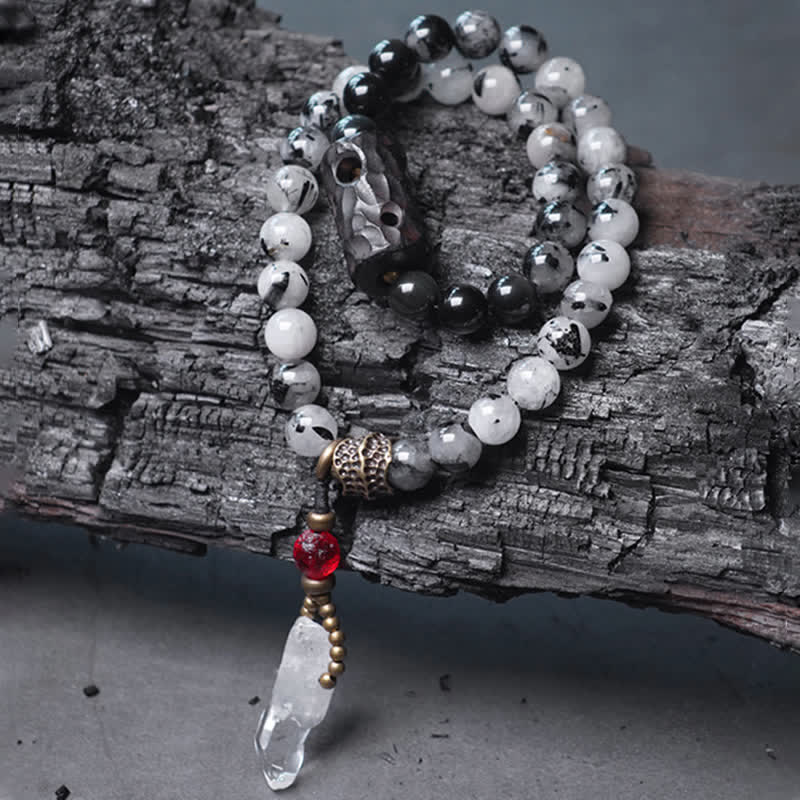 Black Rutilated Quartz, Ebony Wood, Obsidian & Clear Quartz Copper Couple Bracelet