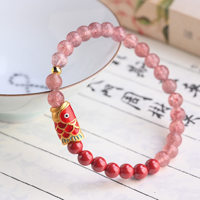 Natural Strawberry Quartz Cinnabar Lucky Koi Fish Healing Bracelet
