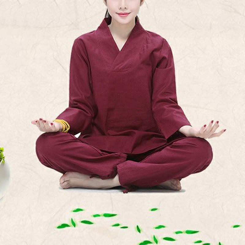 Zen Practice Yoga Meditation Prayer V-neck Design Uniform Cotton Linen Clothing Women's Set
