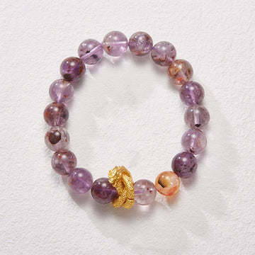Purple Phantom & Red Hematoid Quartz Gold-Plated Copper Dragon Beaded Bracelet