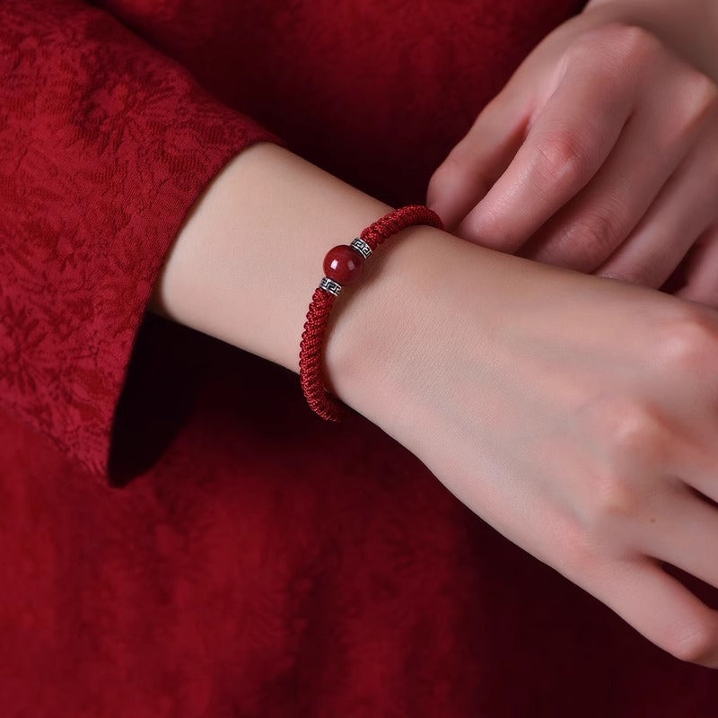 Handmade 925 Sterling Silver and Natural Cinnabar Braided Red String Bracelet