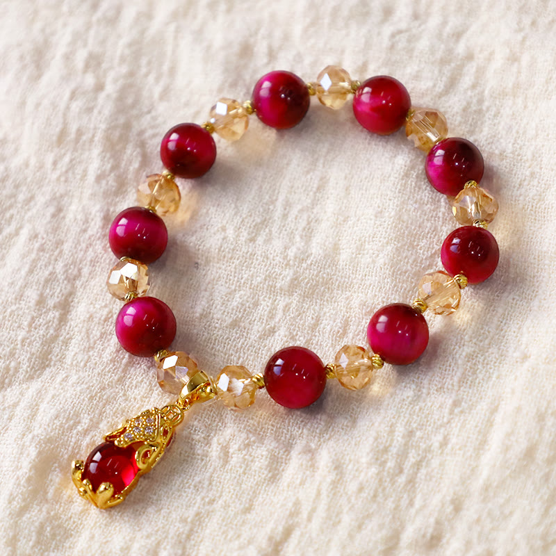 Red Tiger Eye Beaded Bracelet with Carved Pixiu or Fox Totem