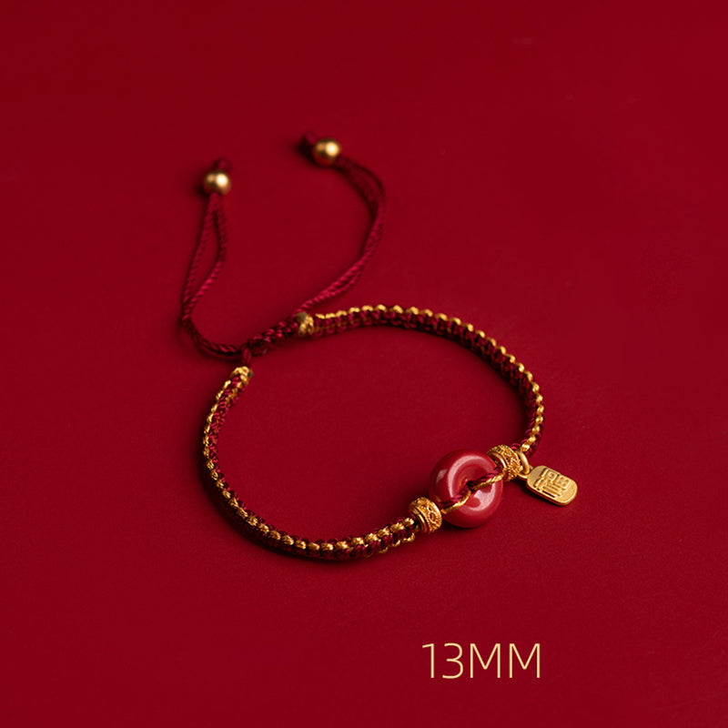 Natural Cinnabar Peace Buckle Fu Character Charm Blessing Braided Bracelet