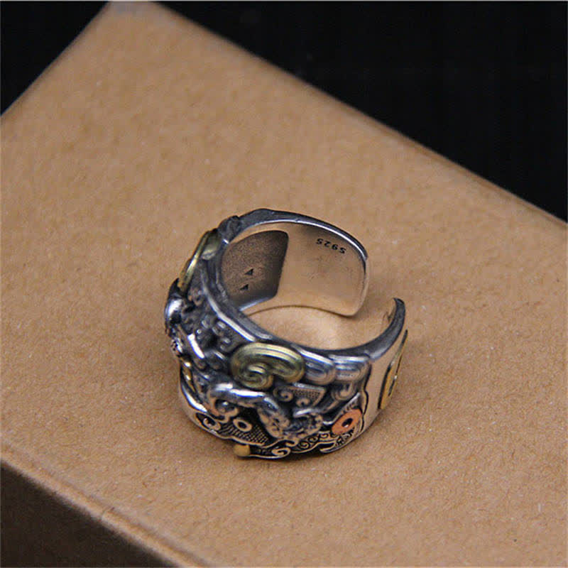 925 Sterling Silver Mythical Dragon and Kui Ox Adjustable Ring