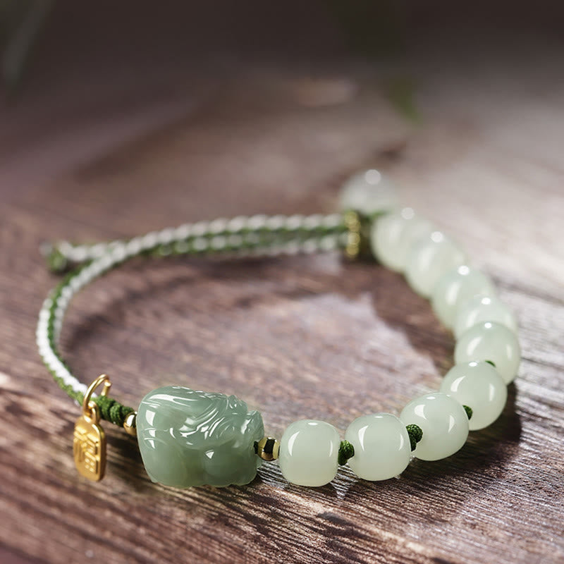Handcrafted Natural Hetian Jade Pixiu & Fu Character String Bracelet