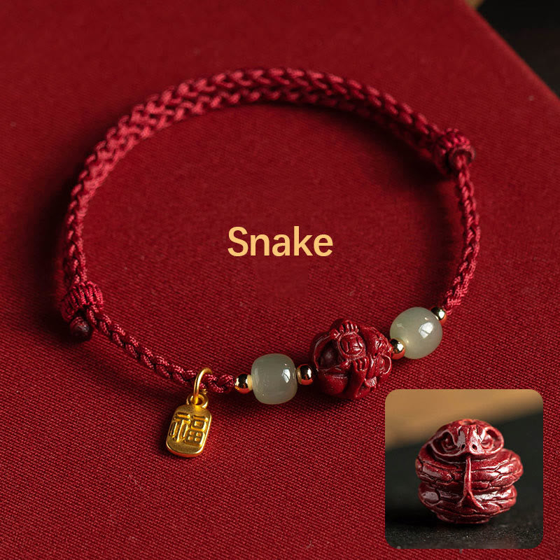 Handmade Cinnabar & Hetian Jade Sterling Silver Chinese Zodiac Fu Red String Bracelet