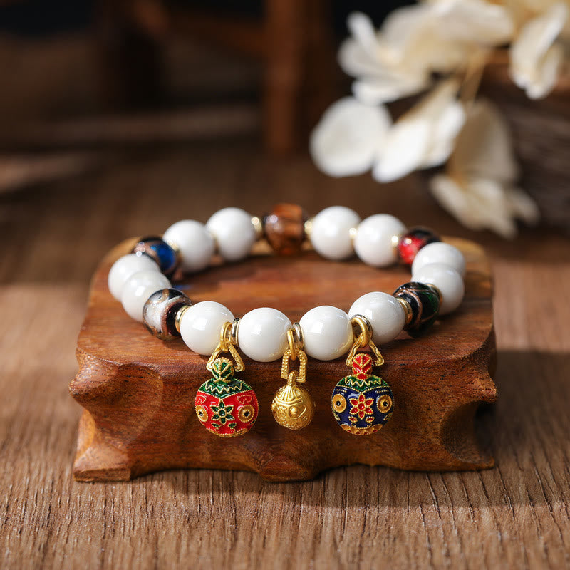 Gold Swallowing Beast Family Charm Liuli Glass Colorful Porcelain Bead Luck Bracelet