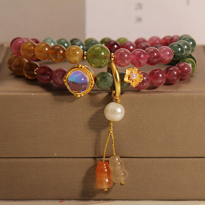 Multicolored Tourmaline Double Wrap Bracelet with Wu Lou Gourd Charm