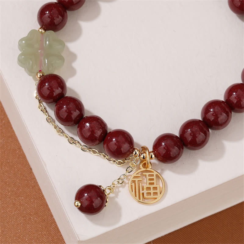 Natural Hetian Jade and Cinnabar Fu Character Clover Beaded Elastic Bracelet