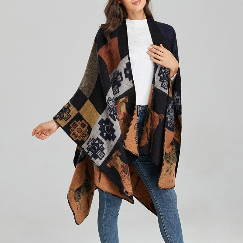 Tibetan Shawl Deer Vase Geometric Shapes Winter Cozy Travel Scarf Wrap