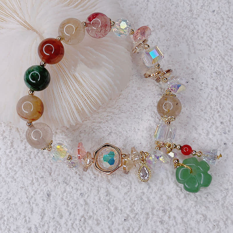 Colorful Green Aventurine and Rutilated Quartz Flower Bead Bracelet