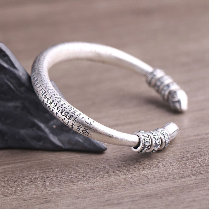 999 Sterling Silver Heart Sutra Om Mani Padme Hum Engraved Peace Purity Bracelet Bangle