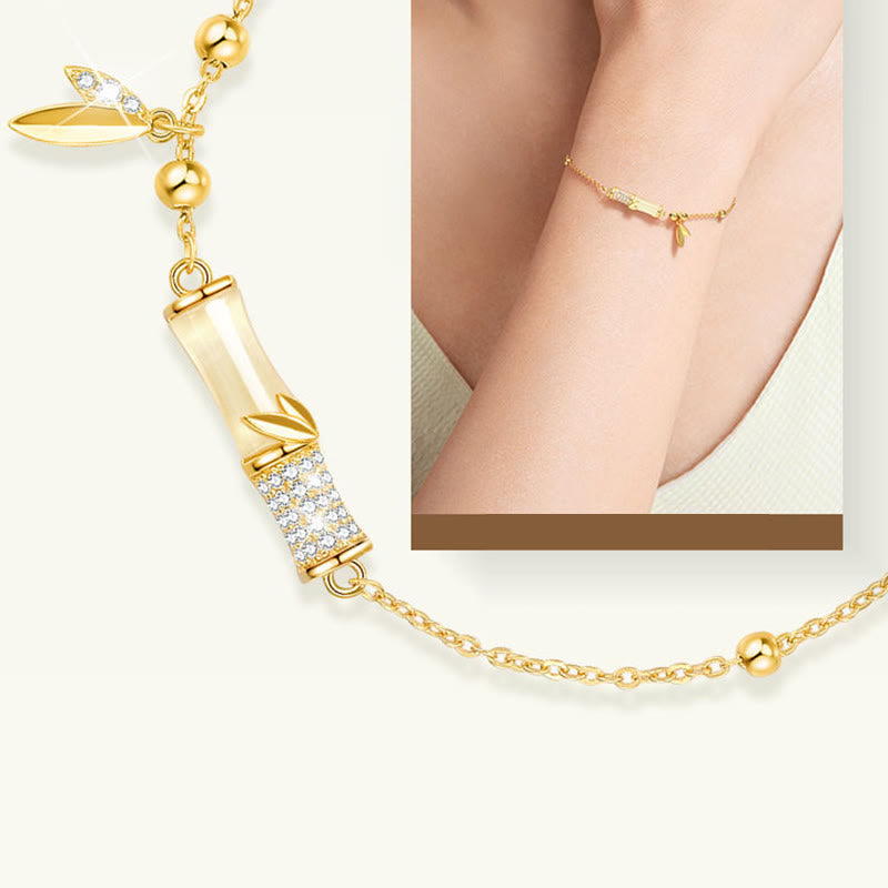 925 Sterling Silver 18K Gold Plated White Jade Bamboo Zircon Leaf Luck Bracelet