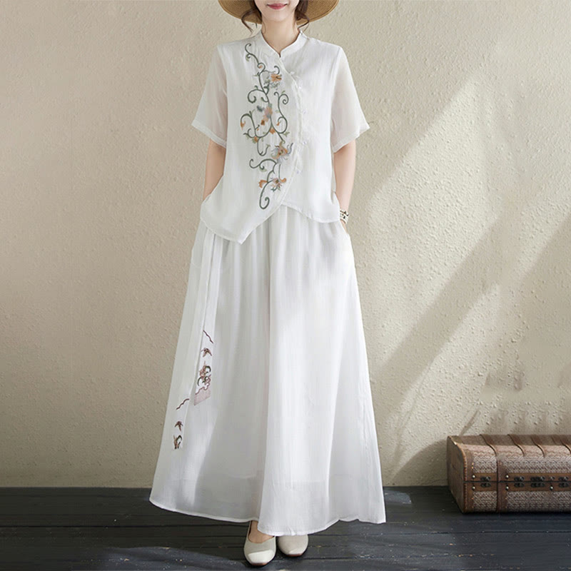 2Pcs Flower Embroidery Short Sleeve Tee T-shirt Wide Leg Pants Set