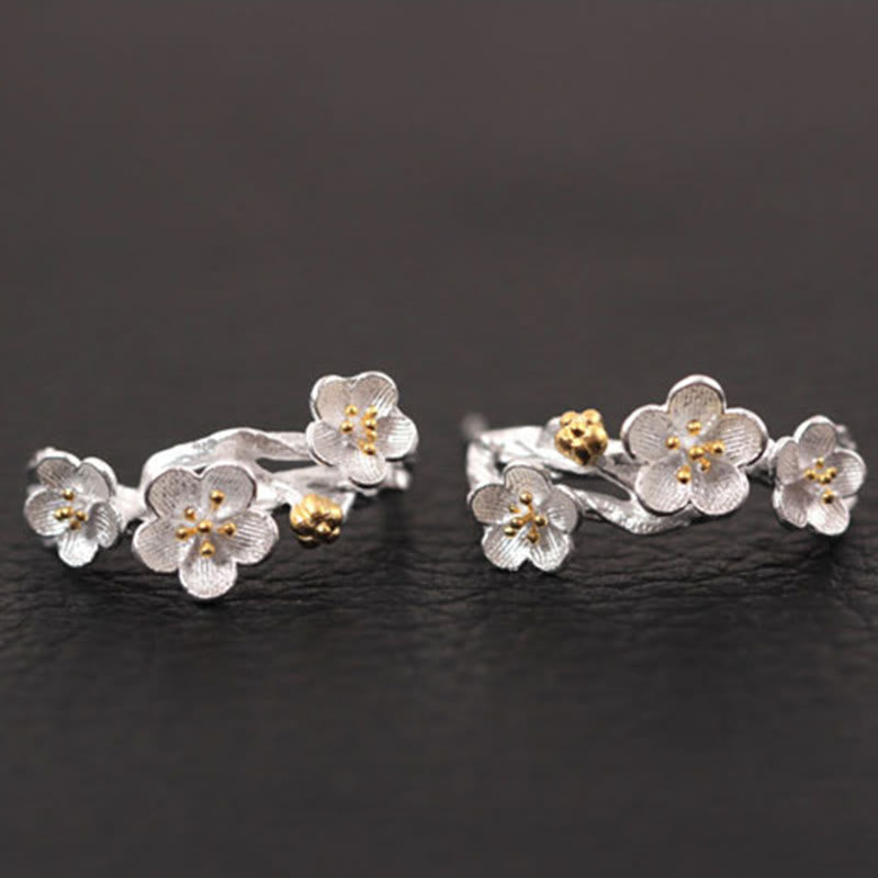 925 Sterling Silver Plum Blossom Floral Clear Quartz Earrings