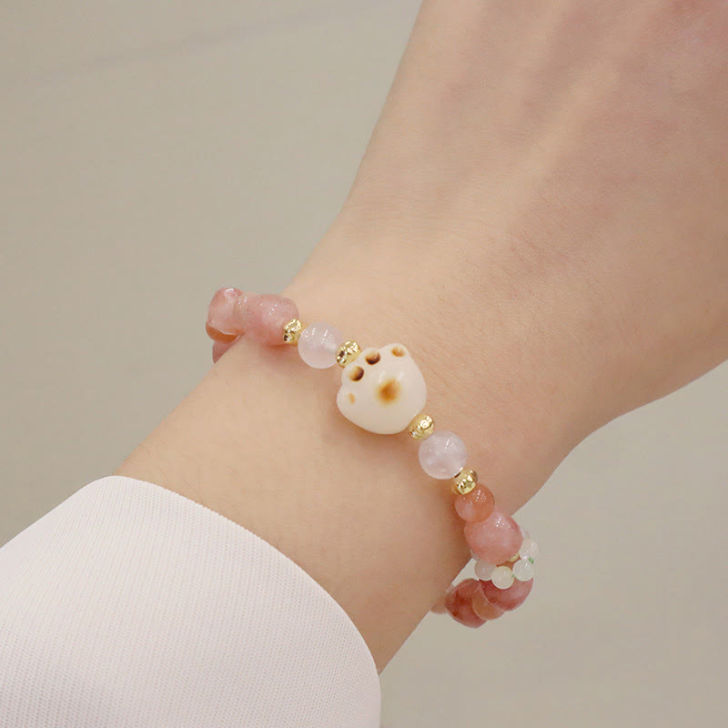 Natural Bodhi Seed and Cat's Eye Beaded Bracelet with Green Agate or Sunstone Cat Paw