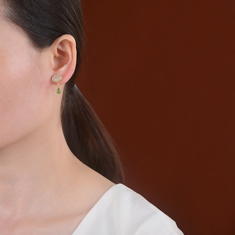 White Jade Cyan Jade Fan Water Drop Pattern Luck Drop Earrings