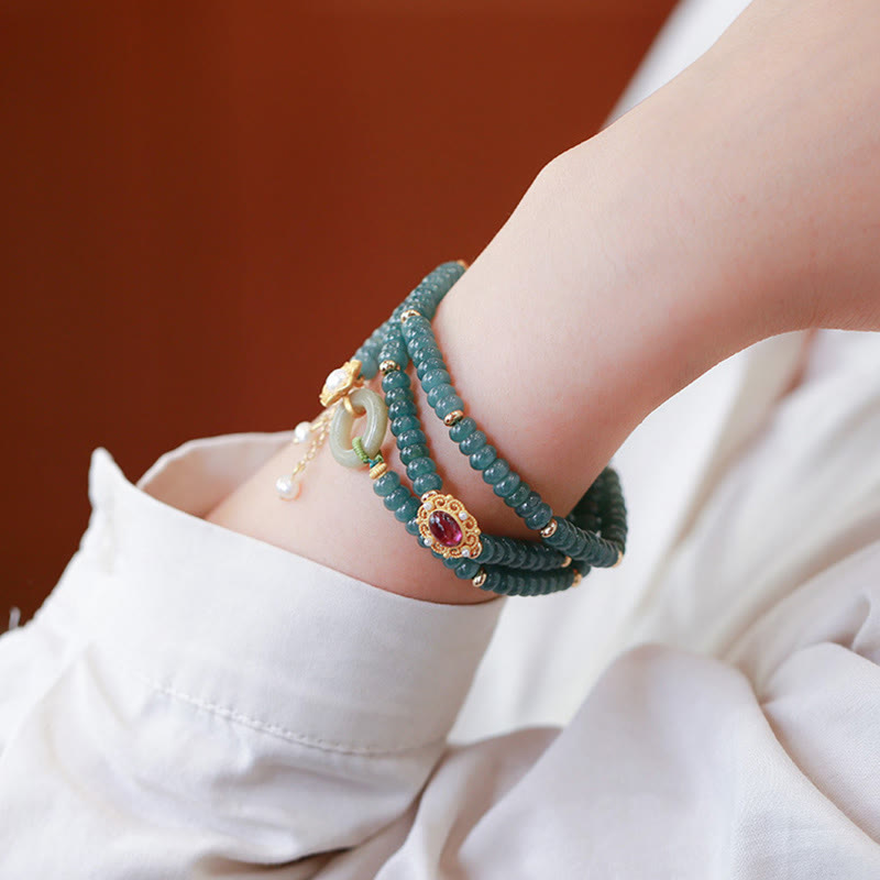 925 Sterling Silver Gold Plated Cyan Jade Flower Peace Buckle Success Triple Wrap Bracelet