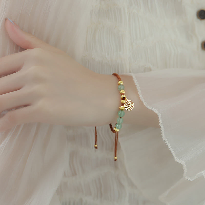 Jade Beads Fu Character Blessing Rope Bracelet