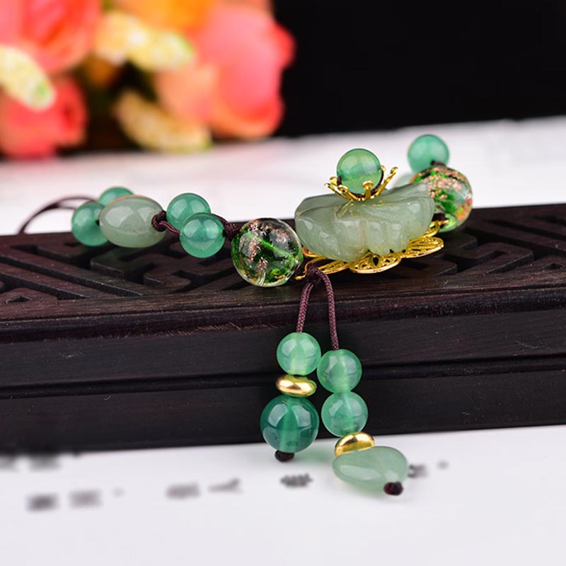 Natural Cyan Jade, Green Aventurine & Agate Dangling Flower Beaded Bracelet