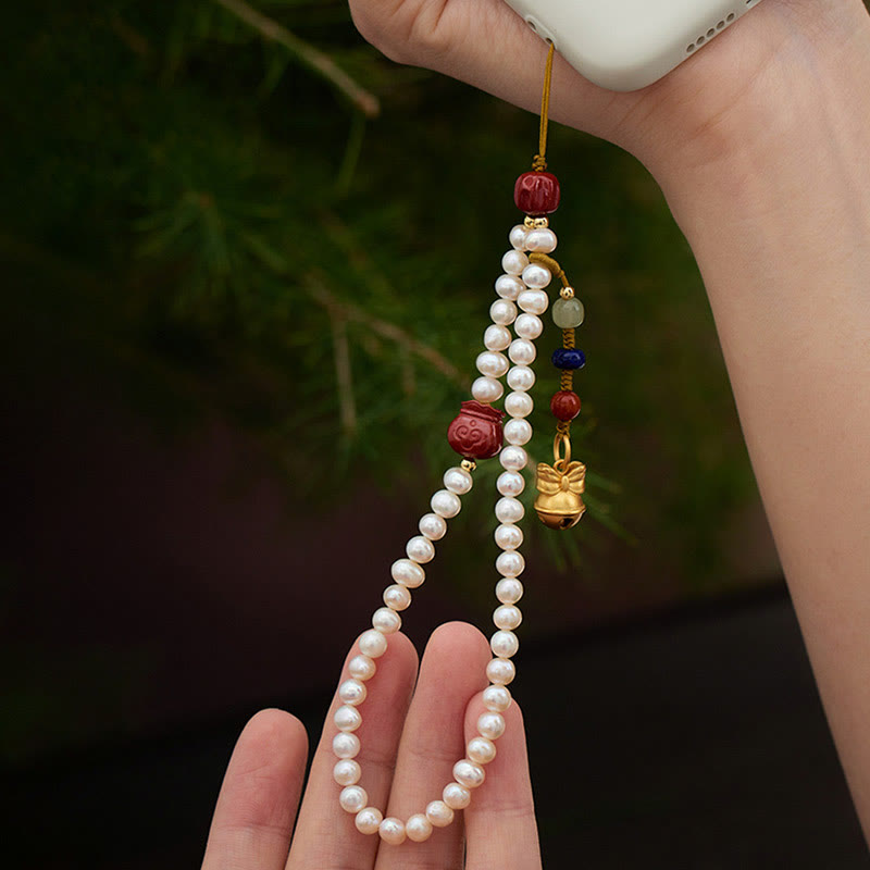 Natural Pearl Cinnabar Money Bag Bell Gold Swallowing Beast Dancing Lion Healing Phone Hanging Decoration