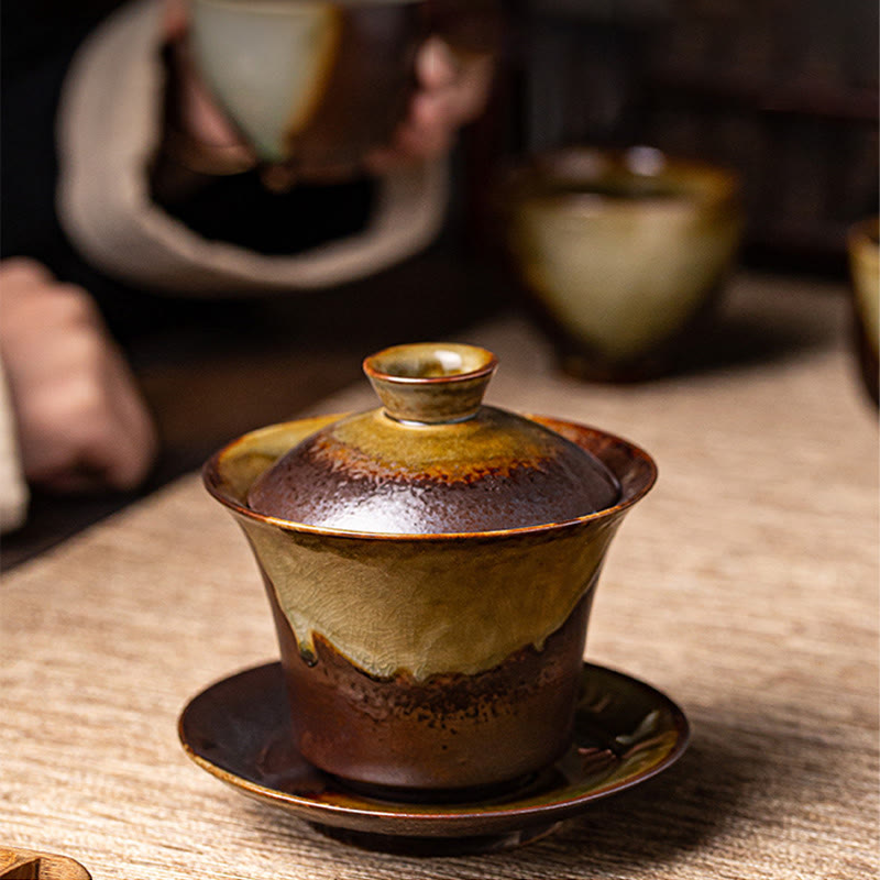 Vintage Brown Kiln Change Design Porcelain Ceramic Gaiwan Sancai Teacup Kung Fu Tea Cup And Saucer With Lid