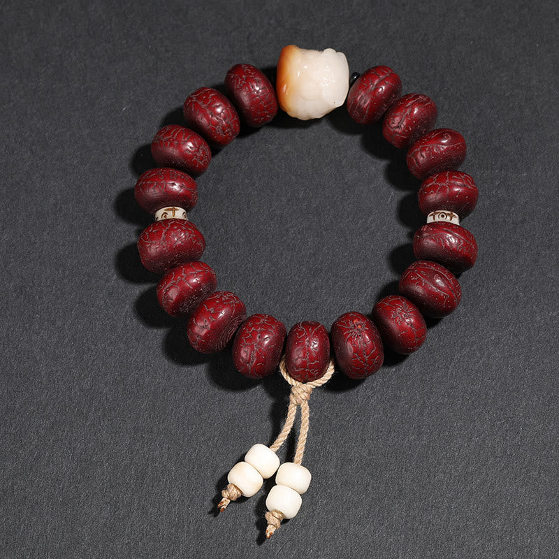 Tibet Bodhi Seed and Agate Dzi Bead Wrist Mala with Guardian Lion