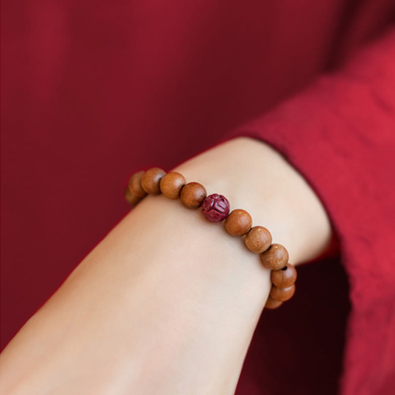 Peach Wood Lotus Cinnabar Luck Wealth Bracelet