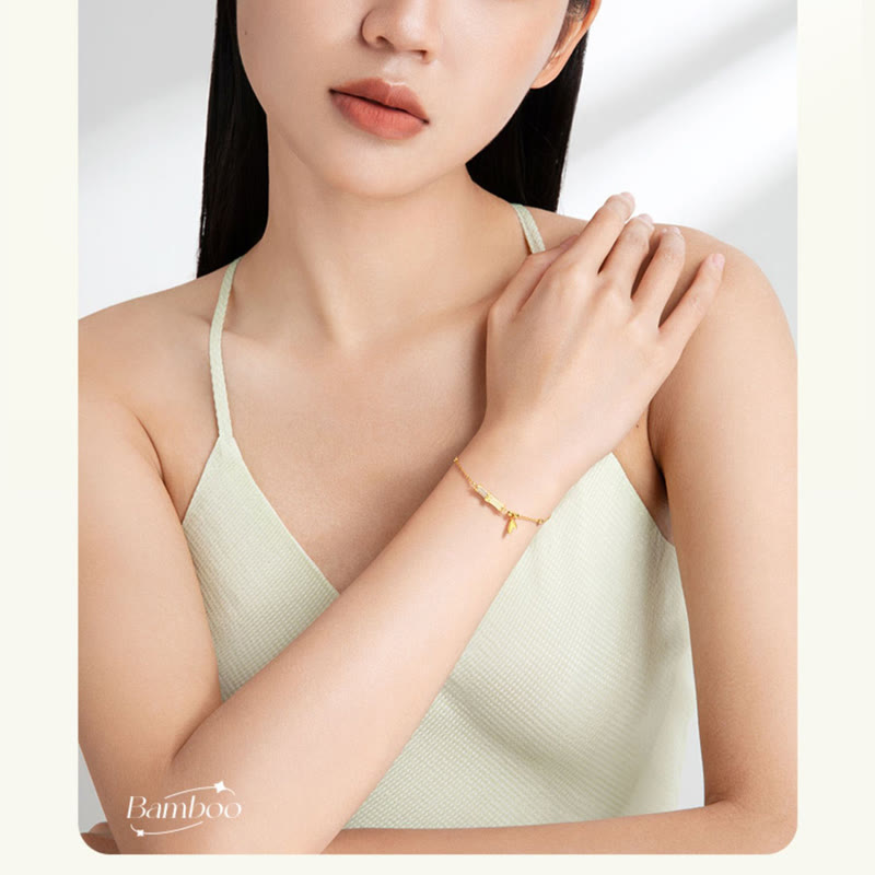 925 Sterling Silver 18K Gold Plated White Jade Bamboo Zircon Leaf Luck Bracelet