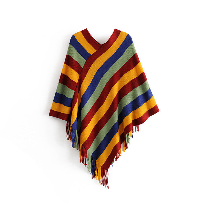 Knitted Striped Tassel Pullover Meditation Shawl Wrap