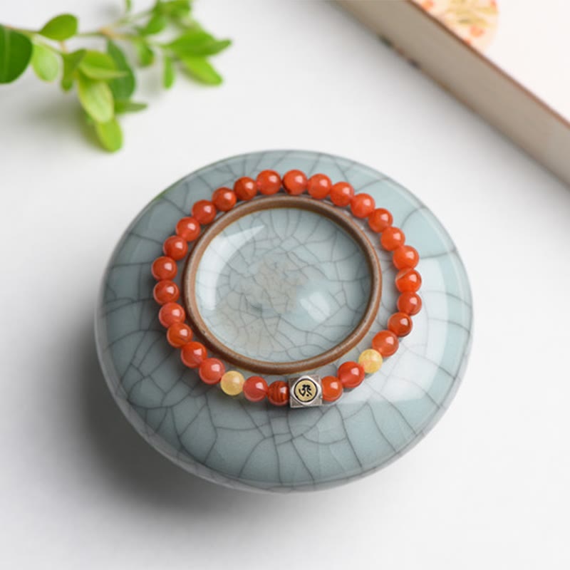 925 Sterling Silver Amber and Red Agate Zodiac Guardian Buddha Beaded Bracelet