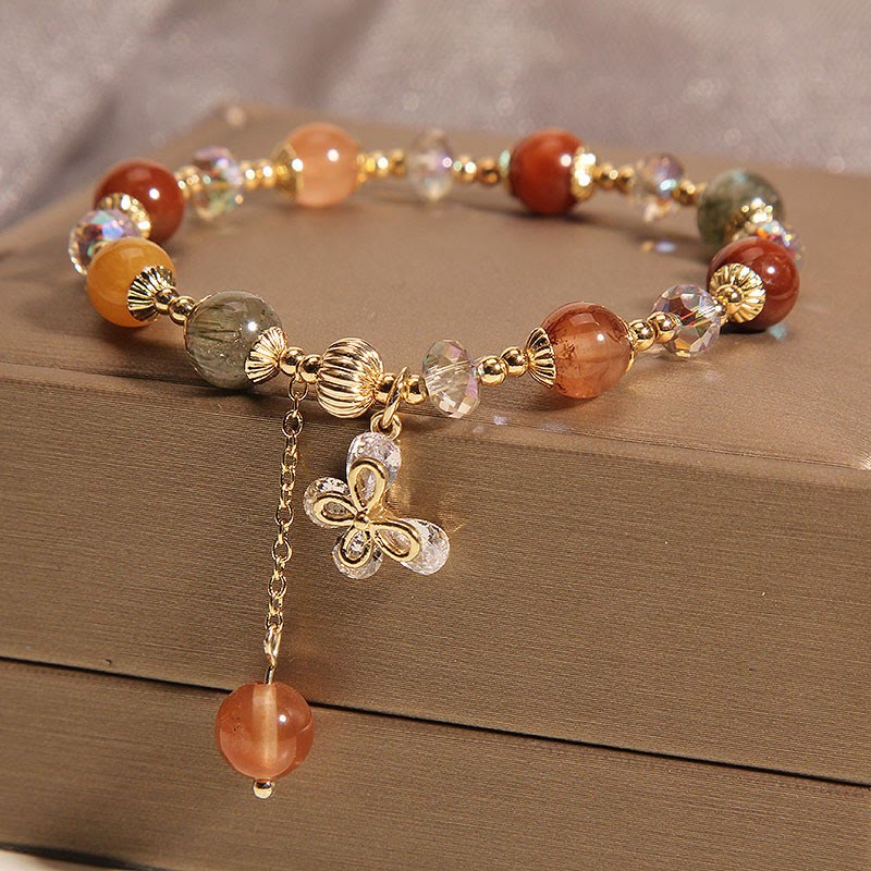 Natural Fu Lu Shou Rainbow Crystal Rutilated Quartz Wealth Butterfly Charm Bracelet