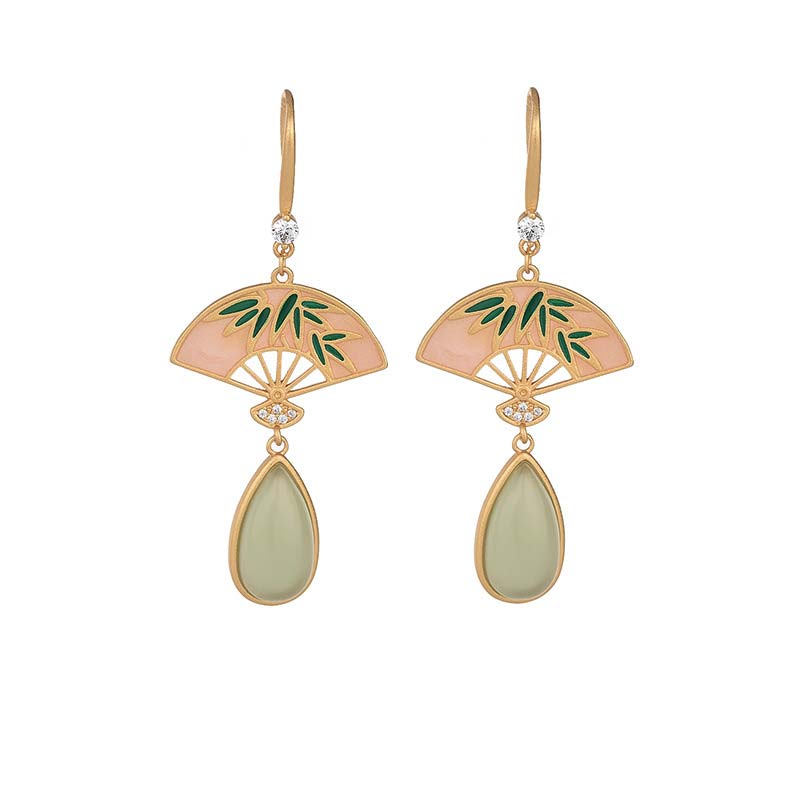 Natural Green Aventurine Fan Pattern Luck Drop Earrings