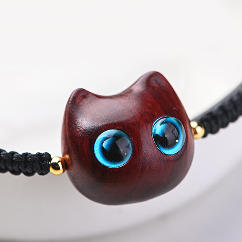 Small Leaf Red Sandalwood Ebony Wood Cute Cat Head Calm Protection Braided Bracelet