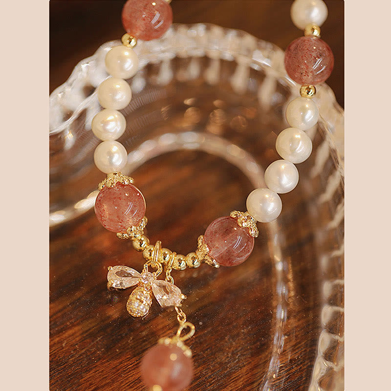 Natural Pearl Strawberry Quartz Healing Cute Honey Bee Charm Bracelet