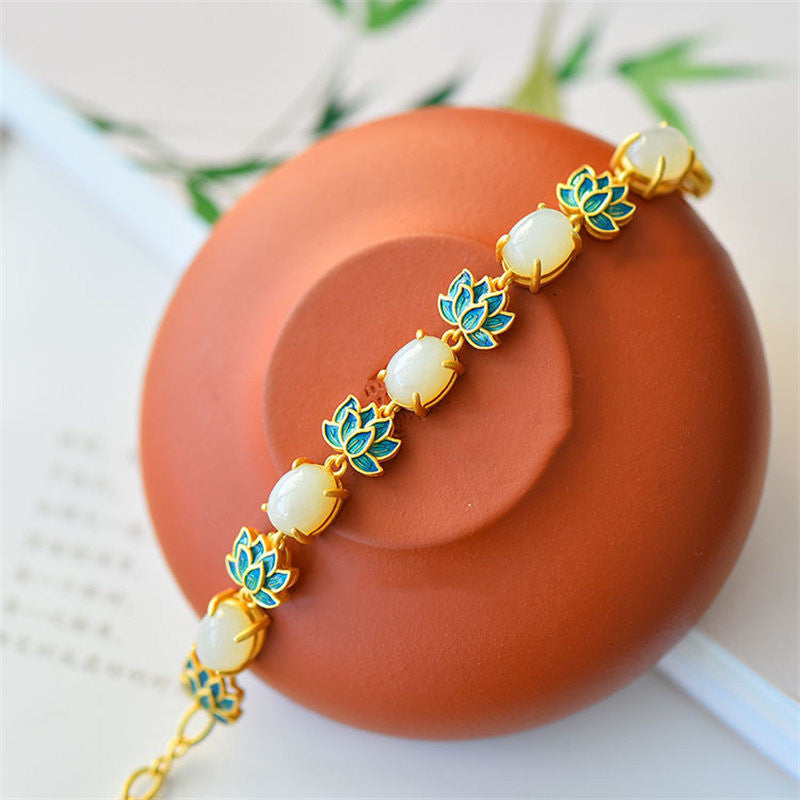 White Jade Cyan Jade Lotus Protection Bracelet