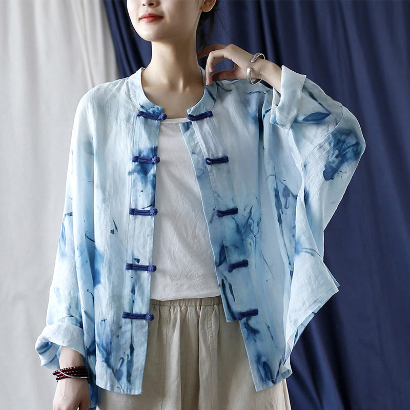 Tie Dye Blue Flowers Frog-Button Design Long Sleeve Ramie Linen Jacket Shirt