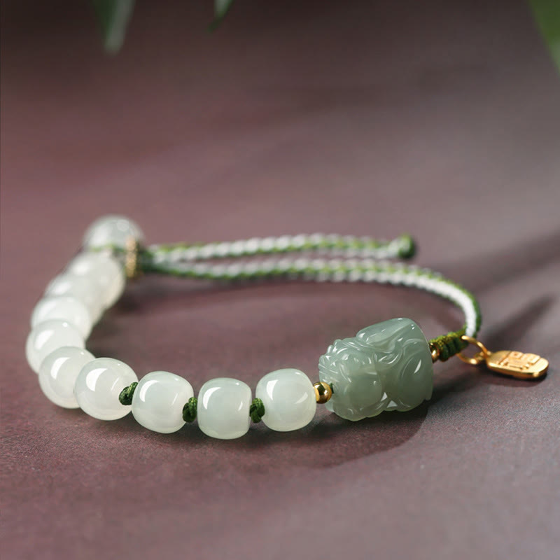 Handcrafted Natural Hetian Jade Pixiu & Fu Character String Bracelet