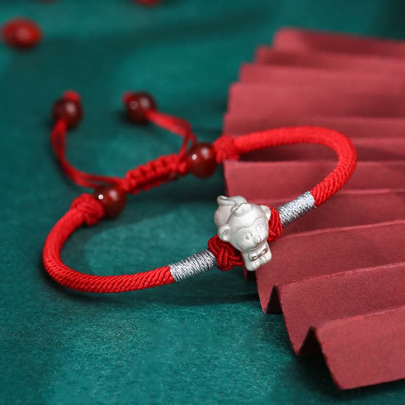 Handcrafted 999 Fine Silver Chinese Zodiac Red String Adjustable Bracelet
