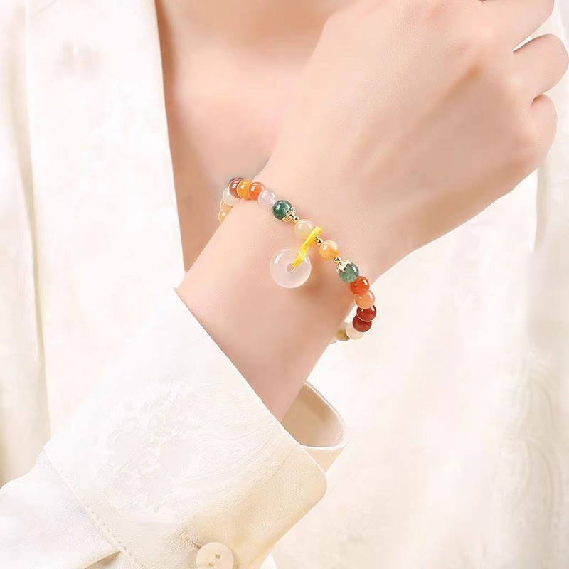 14K Gold Plated Golden Silk Jade and Green Strawberry Quartz Ping An Kou Bracelet