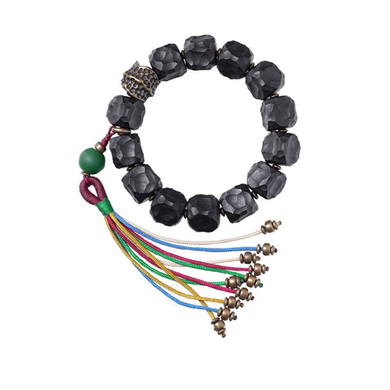 Tibetan Ebony Wood and Copper Peace Tassel Agate Wrist Mala
