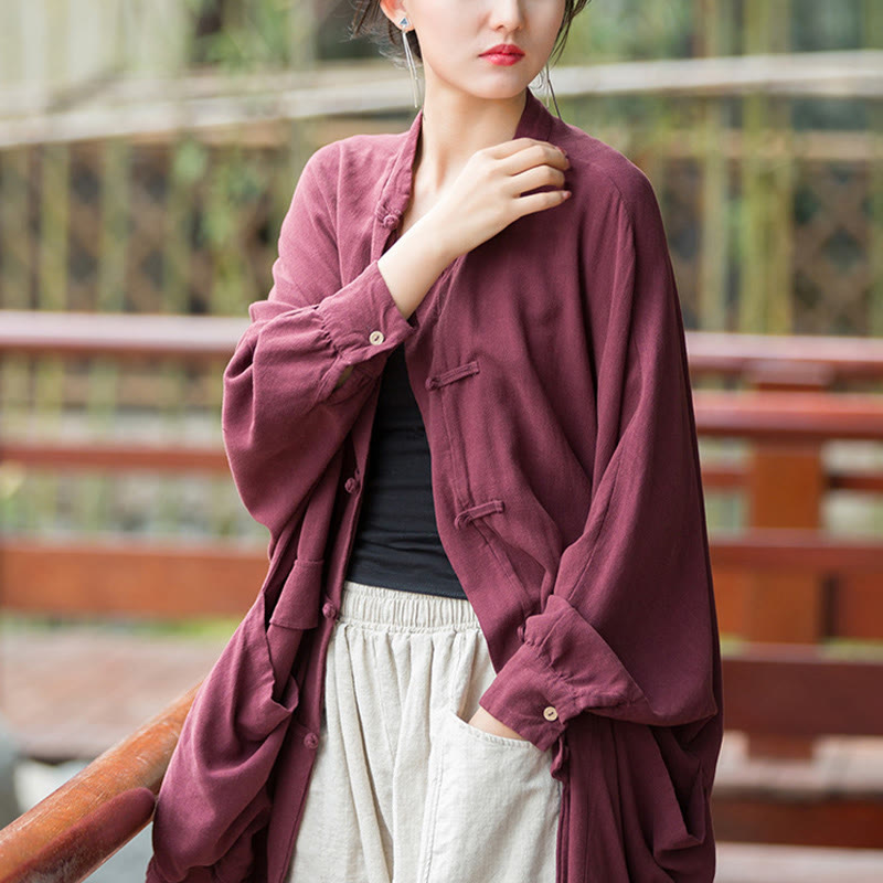 Frog-Button Long Sleeve Zen Meditation Open Front Jacket With Pockets