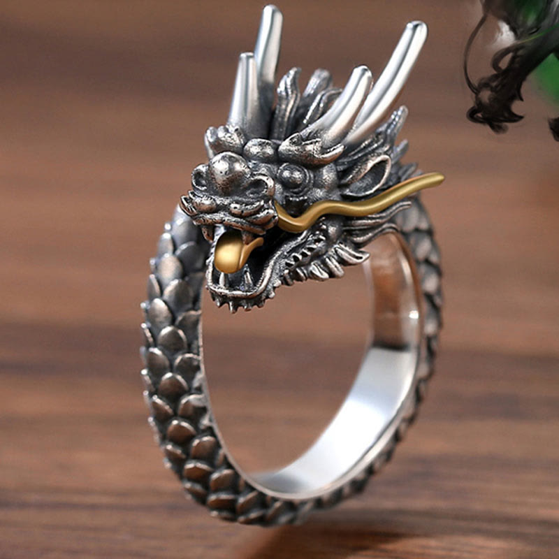 925 Sterling Silver Vintage Dragon Design Protection Strength Adjustable Ring