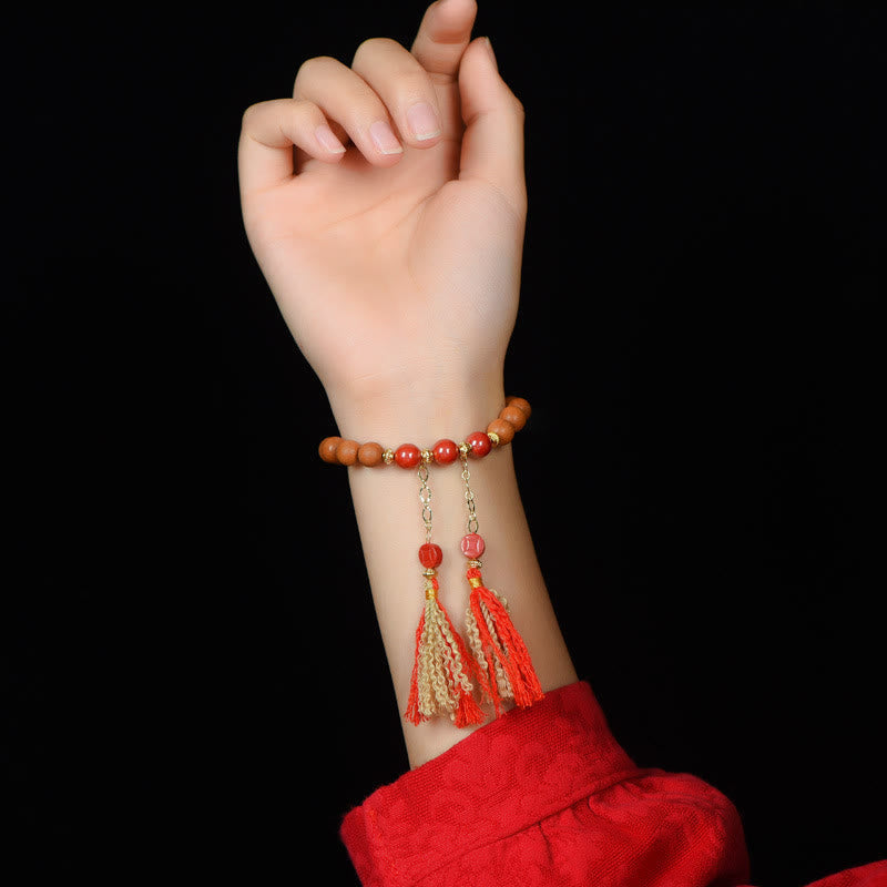 Tibetan Natural Peach Wood and Cinnabar Pixiu Tassel Bracelet