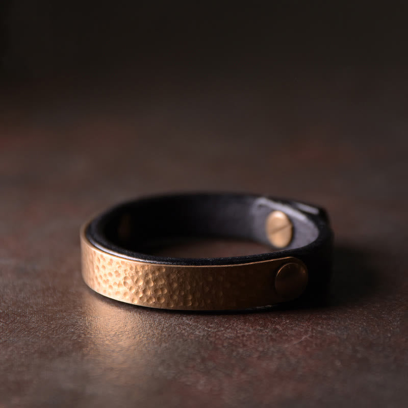 Vintage Handmade Texture Copper Brass Leather Wealth Bracelet Bangle