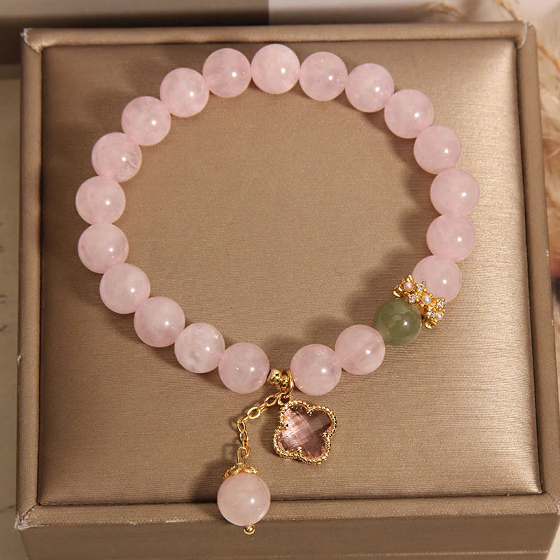 Natural Pink Crystal Four Leaf Clover Soothing Bracelet
