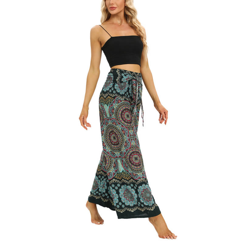 Boho Mandala Print Lace-up Wide Leg Pants Women's Yoga Pants