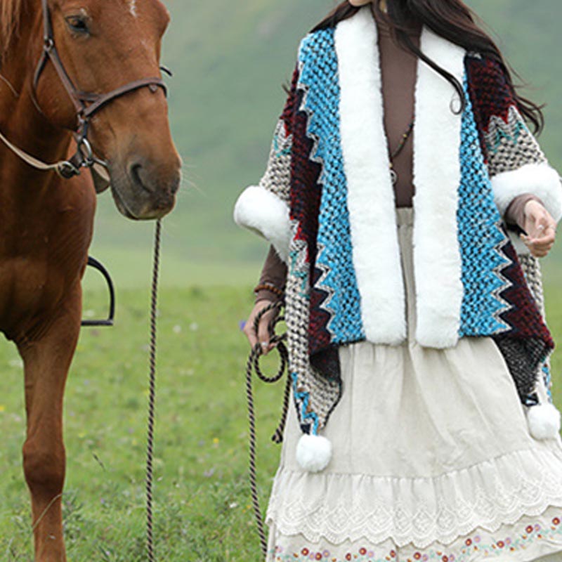 Tibetan Multicolored Wavy Lines Knitted Striped Shawl Coat Winter Cozy Travel Scarf Wrap