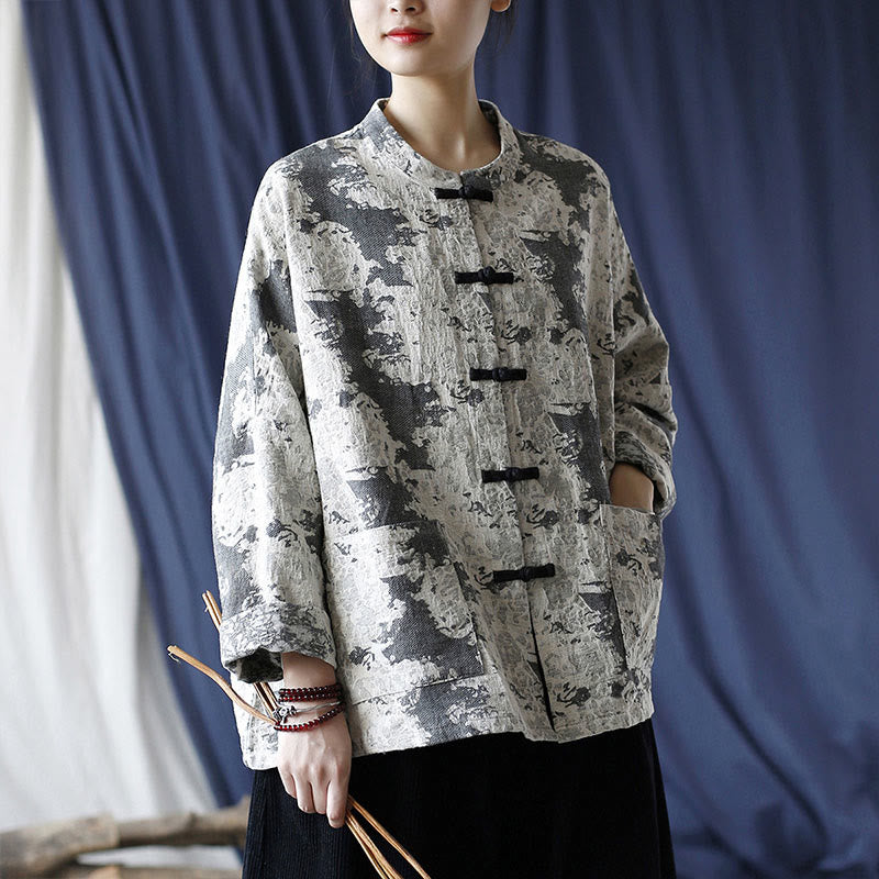Black Gray Print Frog-button Design Long Sleeve Cotton Linen Jacket Shirt With Pockets